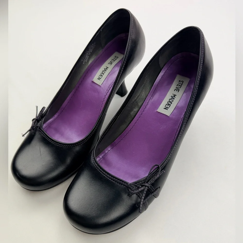 Steve Madden Volit Black Leather Kitten Heel Pumps Bow Detail Size 8B - Picture 4 of 10